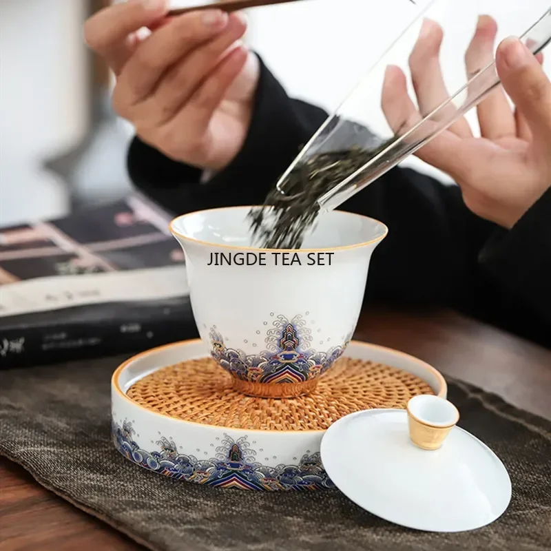 Chinese white porcelain covered bowl pot handmade ceramic household tea bowl portable tea pot