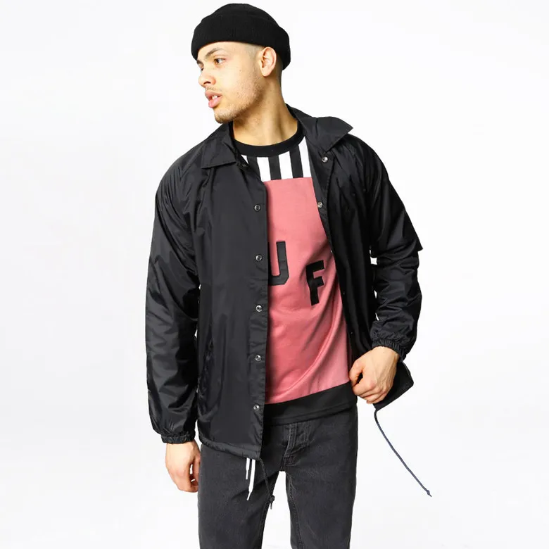Nylon hip hop streetwear plain black coaches jacket vintage waterproof lightweight windbreaker for men