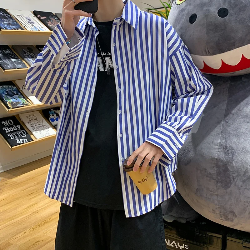 

2023 Men's Blouses Straight Turn-down Collar Loose Long Sleeve Button Striped Shirts Spring Summer Thin Casual Korean Tops Y54