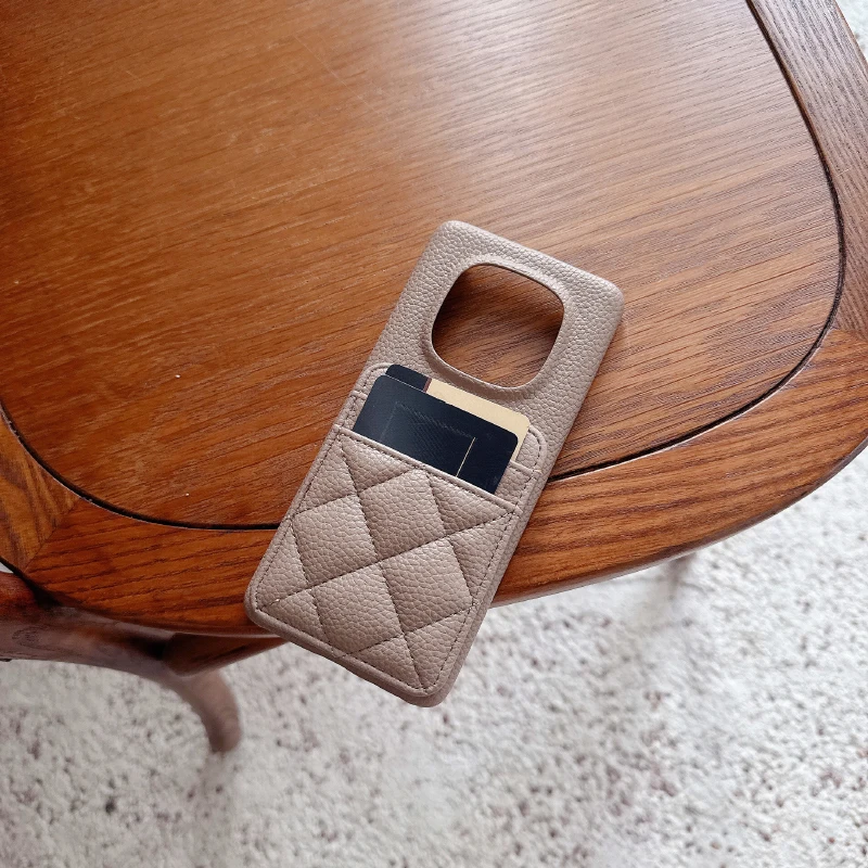 Lingge Leather Card Slot Wallet Phone Case - Solid Color Design