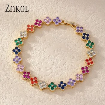 ZAKOL Korean Fashion Random Colorful Zircon Flower Plant Bracelets For Women Dopamine Girls Jewelry Party Accessories 1