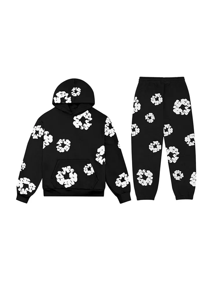 Hooded Sweatshirts Men Flower Printed Hoodie Sweatpants 2 Piece Set Long Sleeve Pullover Sweatershirt Suit Elastice Waist Trousers Outfits
