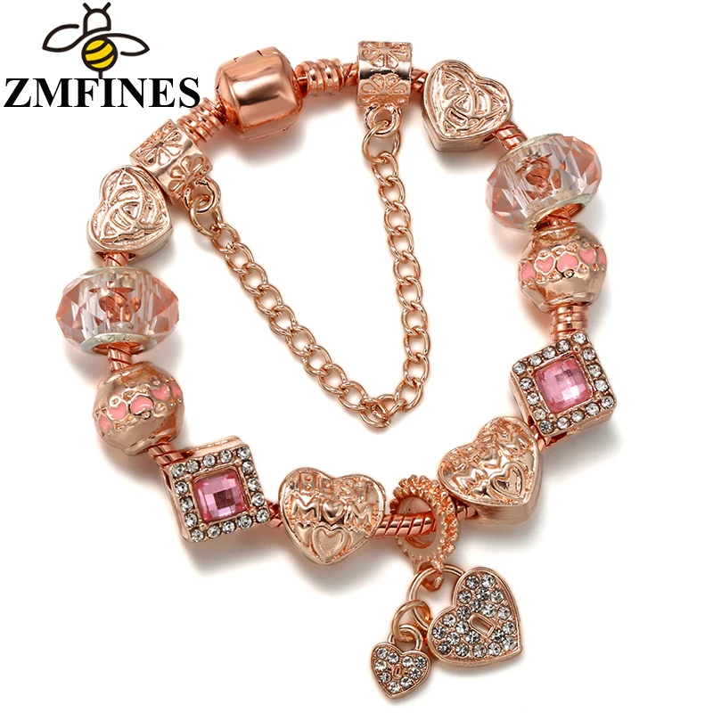 

Romantic Charms Bracelets For Women Lover With Snake Chain Crystal Heart DIY Charms Beads Pendants Jewelry Dropshipping