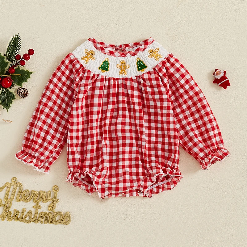Baby Girl Christmas Romper - Santa Print Plaid Jumpsuit 0-18 Months