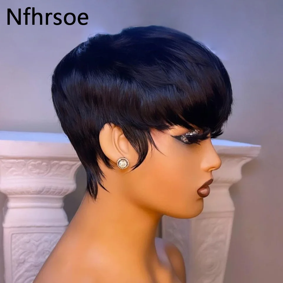 Short Straight Bob Wig Pixie Cut Wigs Human Hair For Black Women With Bangs Brazilian Virgin Hair Non Lace Front Cheap Wig Black