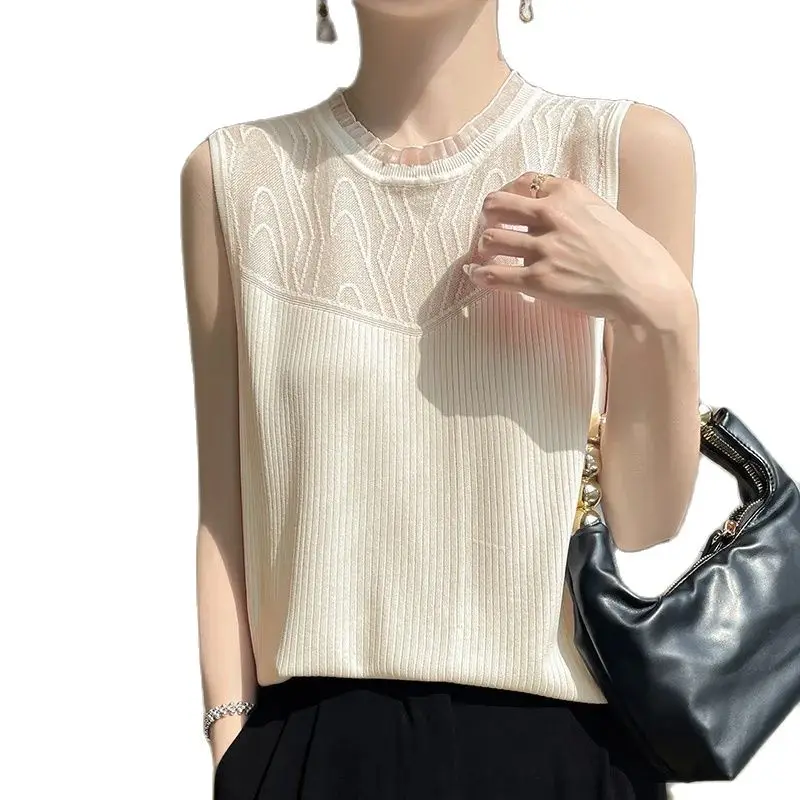 Ice Silk Hollow Knitted Short Sleeves Lace Round Neck 2024 Women s New Sexy Fashion Layup