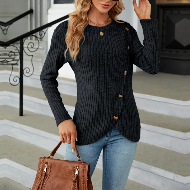 Women\'s Clothing 2023 Autumn Winter New Fashion Versatile Splice Buttons Round Neck Long Sleeve Solid Color Pullover Sweater