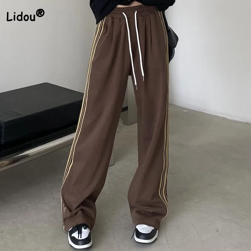 

Women's Clothing Casual Sporty Drawstring Wide Leg Pants Spring Autumn Trend Fashion Loose Striped Spliced Trousers for Female