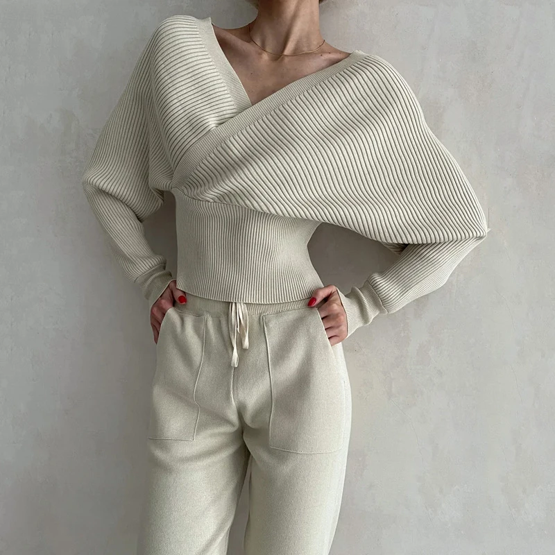 

Elegant Solid Color Commute Set Lady V Neck Batwing Sleeve Pullover+Tie-up Pant Outfits Autumn Winter Ribbed Knitted Sweater Set