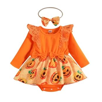 Baywell Baby Girls Halloween Clothes Pumpkin Jumpsuit + Hair Band Set 2 Pcs Toddler Fashion Bodysuit 6-24 Months 3
