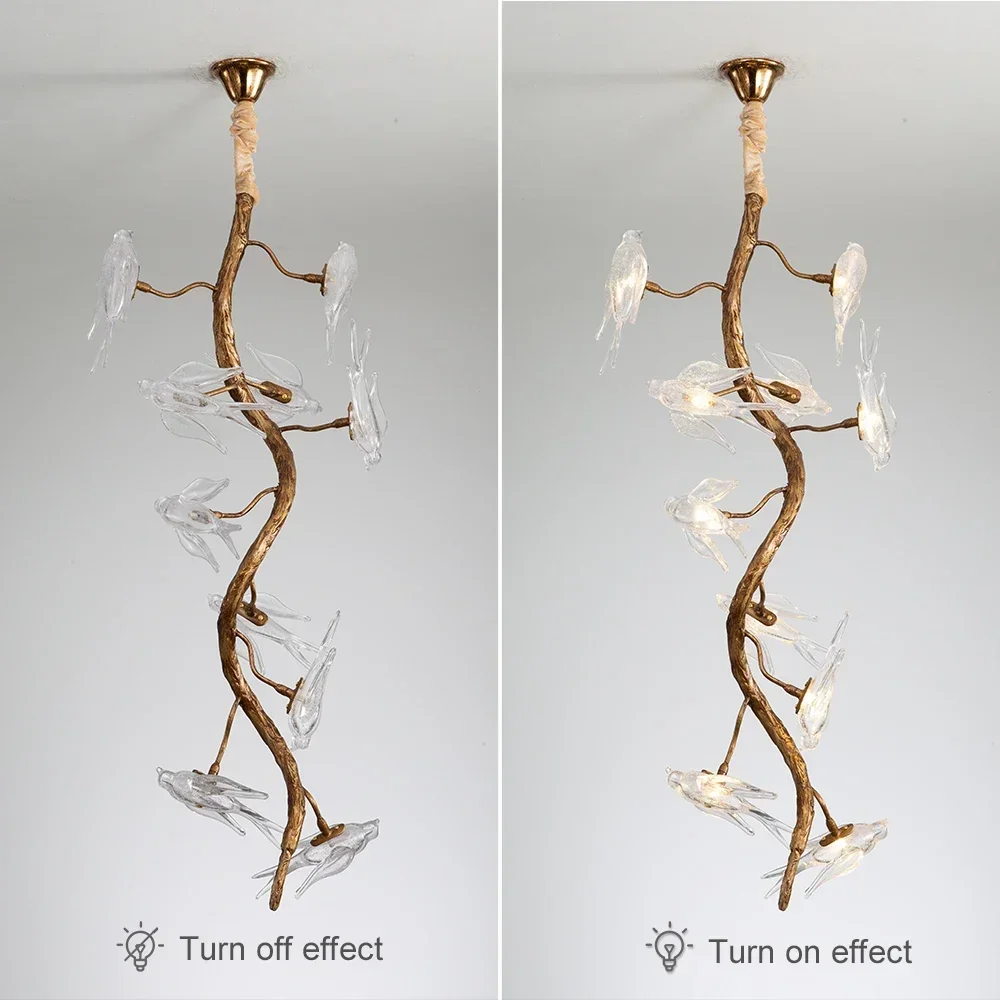 Designer Glass Bird Song Crystal Chandelier Pure Copper Luxury Retro Living Dining Room Decoration Hanging Branching Chandelier
