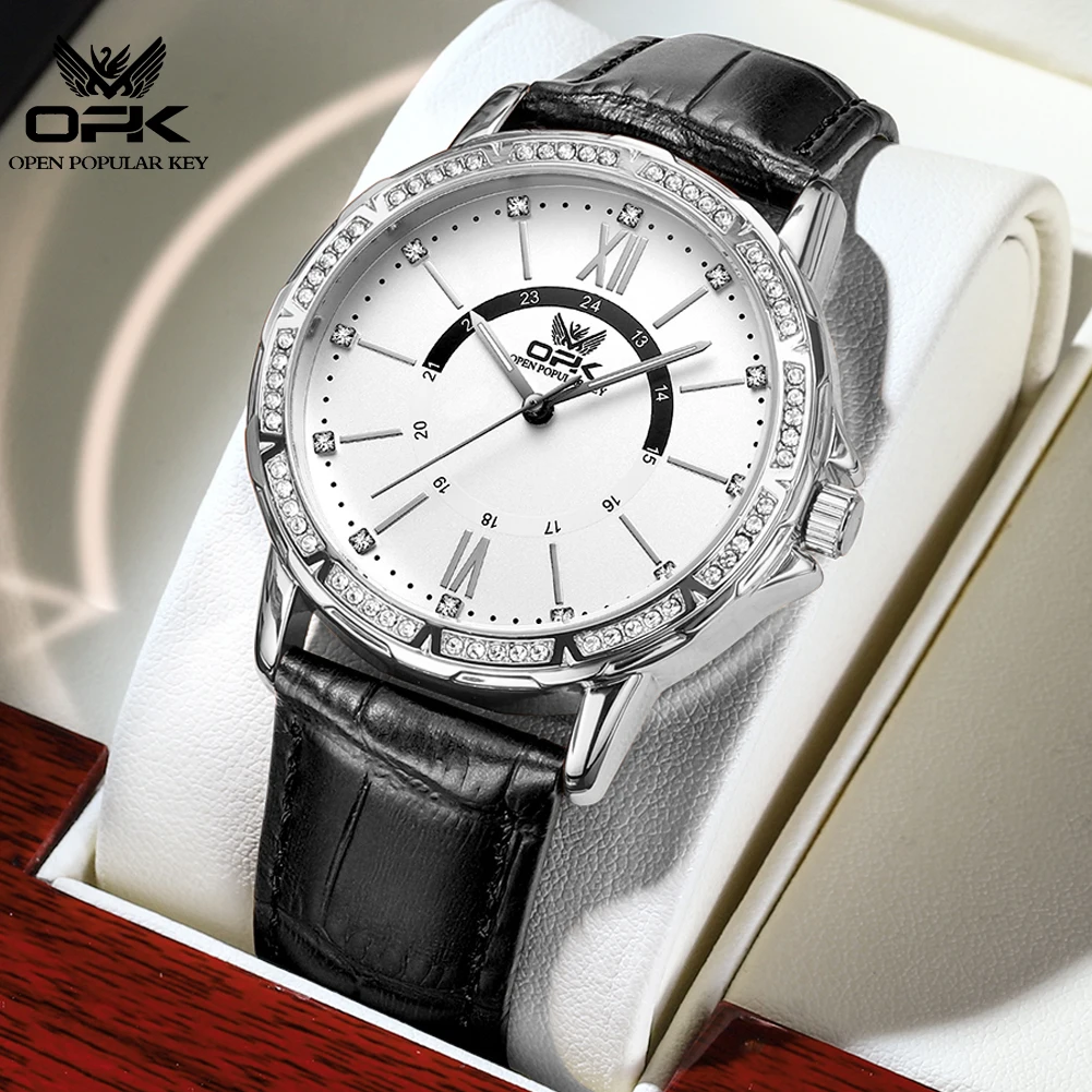

OPK 8161 New Fashion Quartz Watch For Men Diamond 42mm Big Dial Luxury Man Hand Clock Waterproof Luminous Leather Wrist Watches