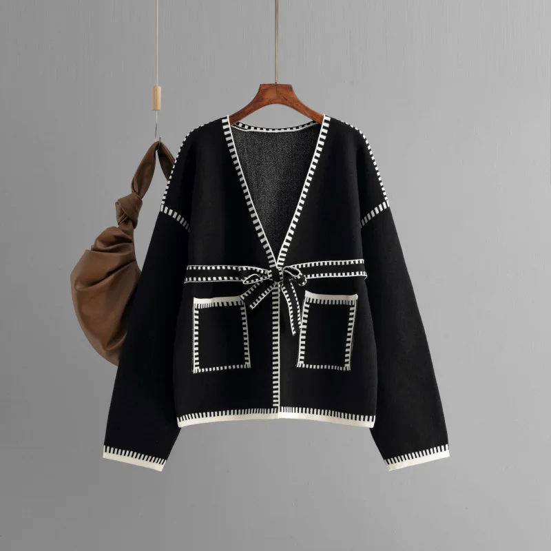 Knit Contrast Cardigan Sweater For Women Lace-Up Pocket Long Sleeve Patchwork Loose Coat Autumn Knitwear Women's Outwear