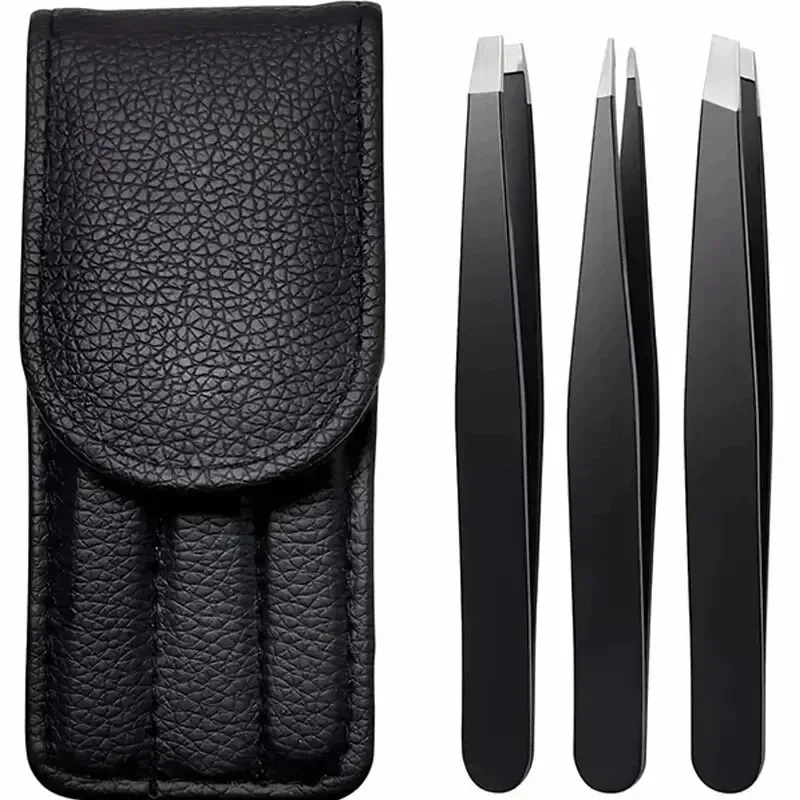 Premium Stainless Steel Black Tweezers with Slant and Flat Tips for Eyebrow Shaping & Ingrown Hair Removal