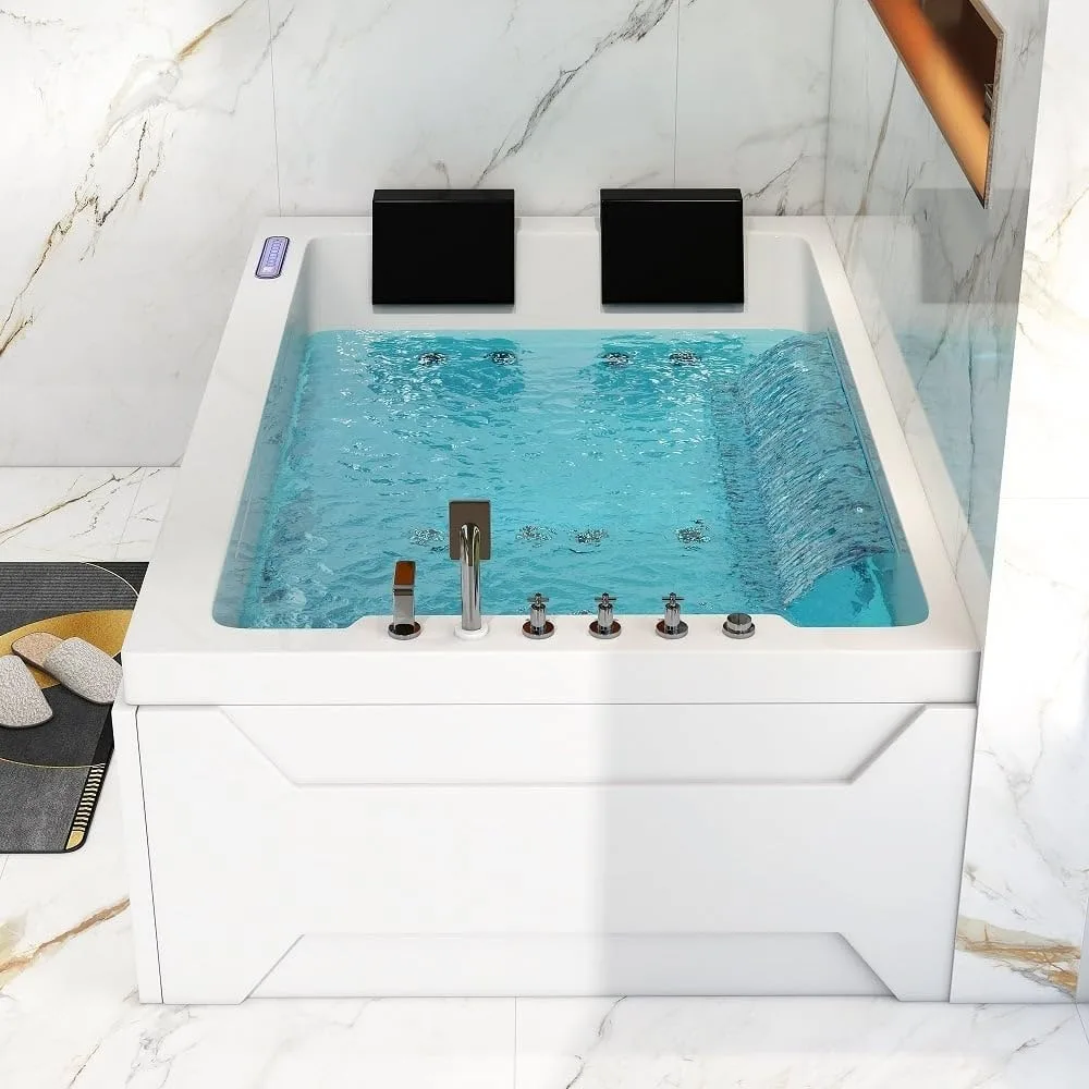 Bathtub, 73'' Whirlpool Tub Water Massage Two Person Jetted Bathtub 3 Sided Apron Corner Whirlpool Tub with 22 Water Jets 6