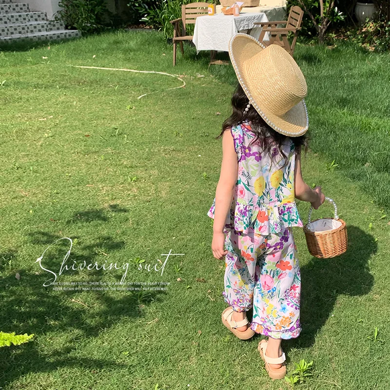 

children's sets tops sleeveless o-neck collar pullover kids pants elastic waist ankle length print floral sweet fashion girls