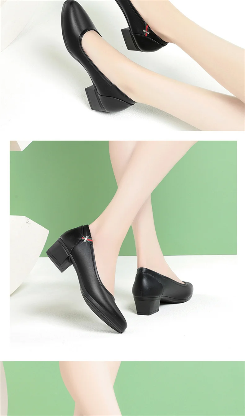 Spring New Soft Leather Soft Sole Women Shoes Square Heel Comfortable Casual Shoes Shallow Mouth Office Work Shoes
