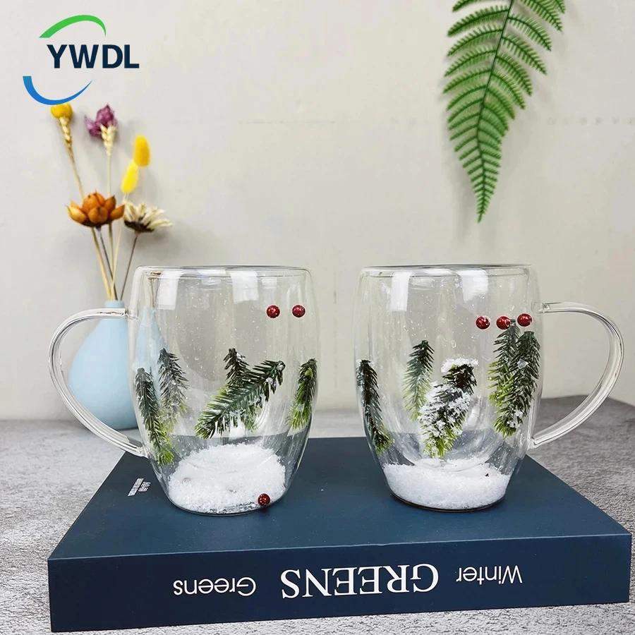 Double Wall Glass Cup 250/350ml 1/2pcs Christmas Tree Snow