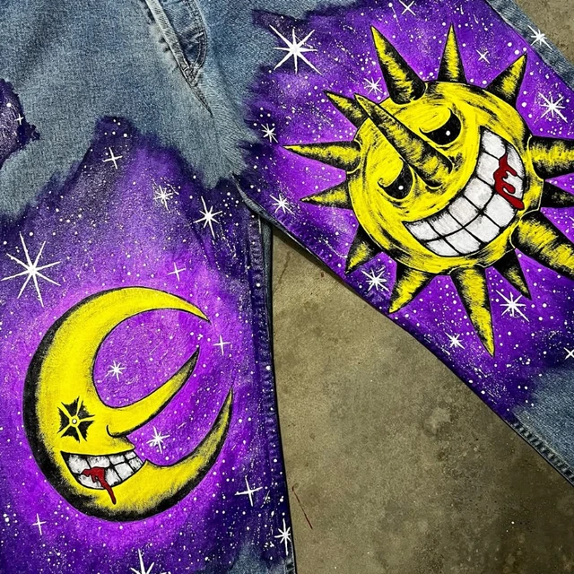 Y2K Moon Starry Sky Pattern Printed Purple Cowboy Loose Hip