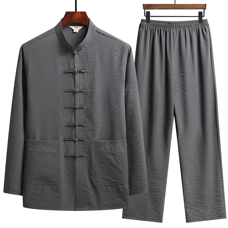Tai Chi Clothing Set Man Fall Linen Buckle Kung Fu Shirt Oriental Retro Top Pants Breathable Hanfu