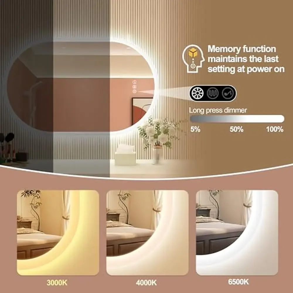 LED Bluetooth Speaker Bathroom Mirror Anti-Fog 3 Color Temperature Dimmable IP65 Wall Mount Mirror