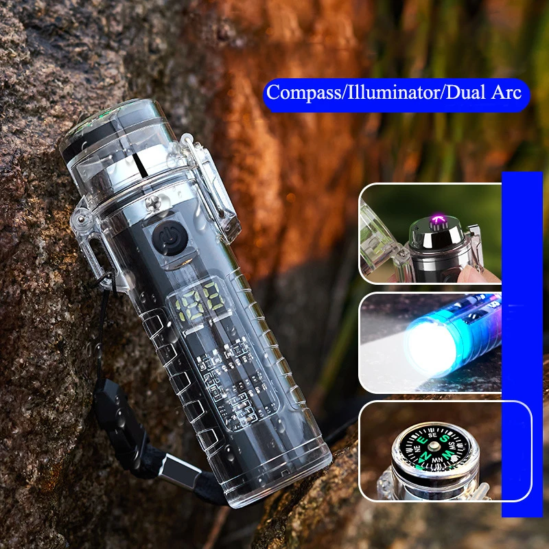

Outdoor Usb Double Arc Windproof Compass Lighter Flashlight Type-C Electric Cigarette Lighter Smoking Gadgets For Men