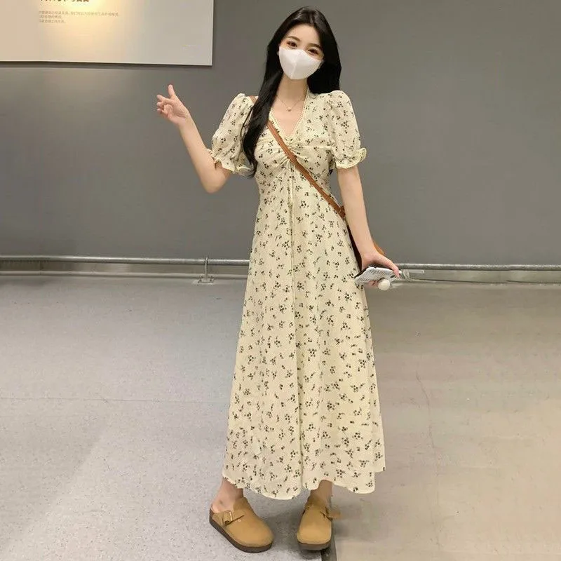 Xpqbb 여성용 빈티지 플로럴 롱 드레스, 퍼프 반팔 드로스트링 V넥 원피스, 비치 프린팅 A라인 원피스, 여름