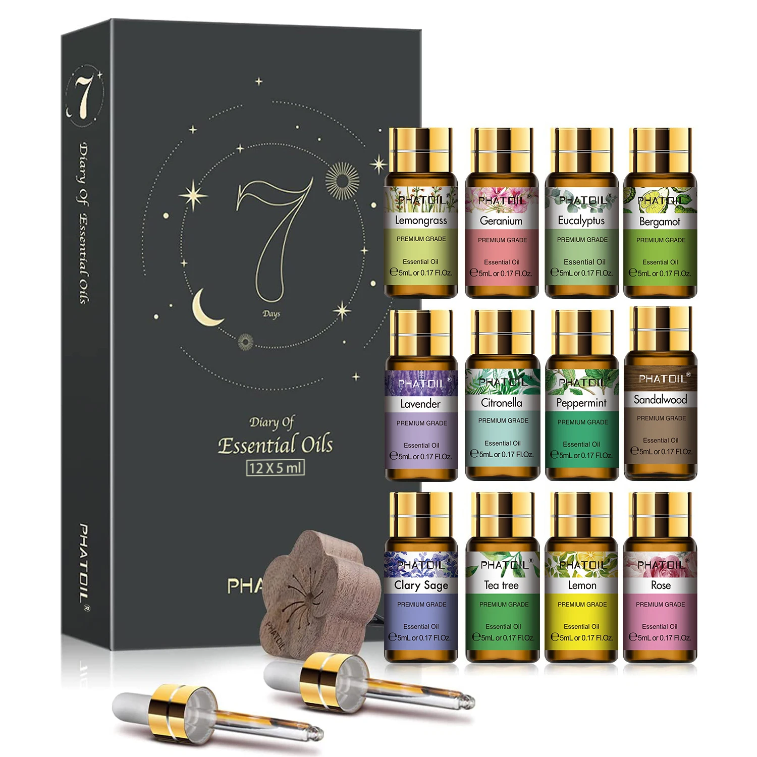 PHATOIL 12-Piece Aromatic Essential Oil Collection – Lemongrass, Lavender, Eucalyptus, Peppermint, Rose, Vanilla