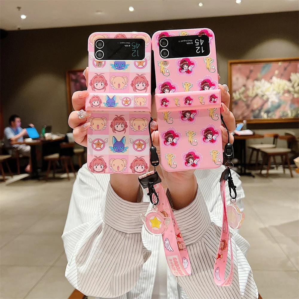 Cartoon Cardcaptors Sakuras Cute Pink Phone Case Per Samsung Galaxy Z Flip 3 4 5G Zflip3 Zflip4 Flip3 Flip4 Cover Con Cordino