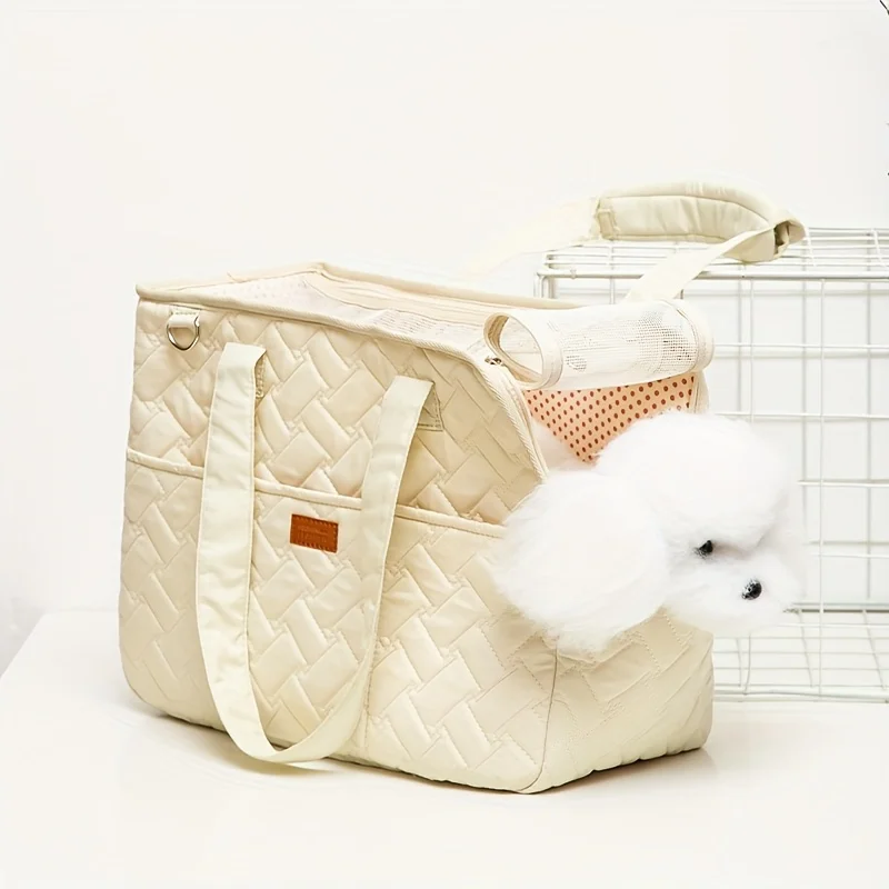 Portable Quilted Pet Handbag Suitable for Cats and Small Dogs Lightweight Canvas Shoulder Bag Breathable Mesh Bag