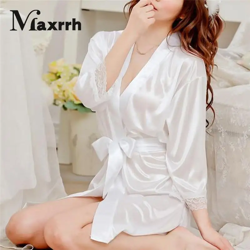 Women Dress Women Sleepwear Silk Robe Night Robe Sleepwear Dress Nightdress Sexy Homewear Women V Neck Three Quarter Length Sleeve Satin Robe Black/Rose/White