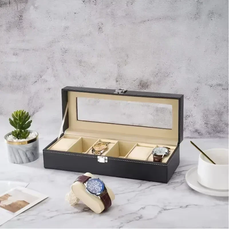 PU Leather Watch Box For Men Watch Display Case With Glass Top