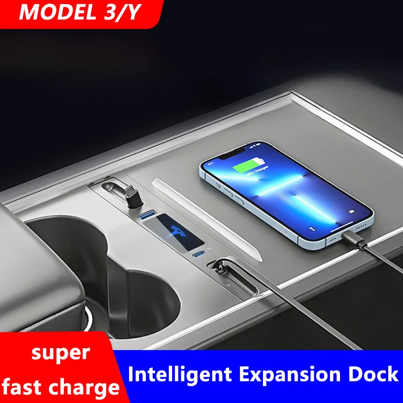 For Tesla Model 3 Y 2021 2023  Adapter Powered Splitter Extension 27W Quick Charger USB Shunt Hub Intelligent Docking