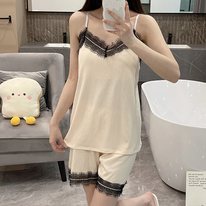 Summer New Thin Pajamas Women's Imitation Cotton Wrinkle Cloth Sexy Breast Cushion Suspender lace Sweet and Cute Two Piece Set