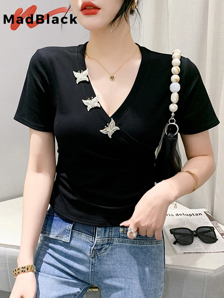 

MadBlack Summer European Clothes T-Shirt Woman V Necks Gyaru Slim Butterfly Tops Short Sleeve Elastic Bottoming Tees T34213C