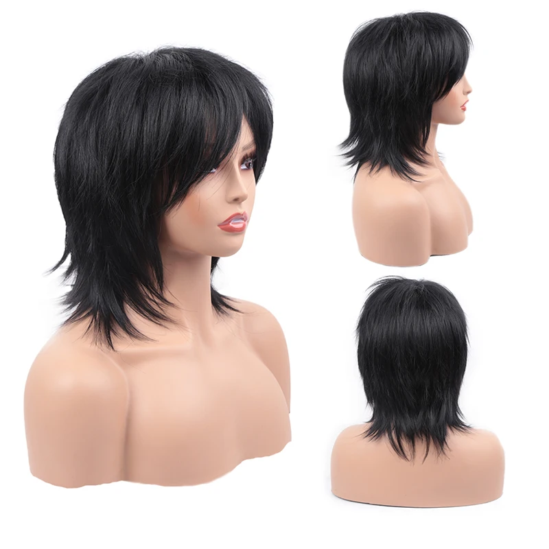Amir Synthetic Straight Wig Shoulder Length Natural Black Wigs With Side Part Bangs Bob Wigs for Women Jackson Cosplay Party