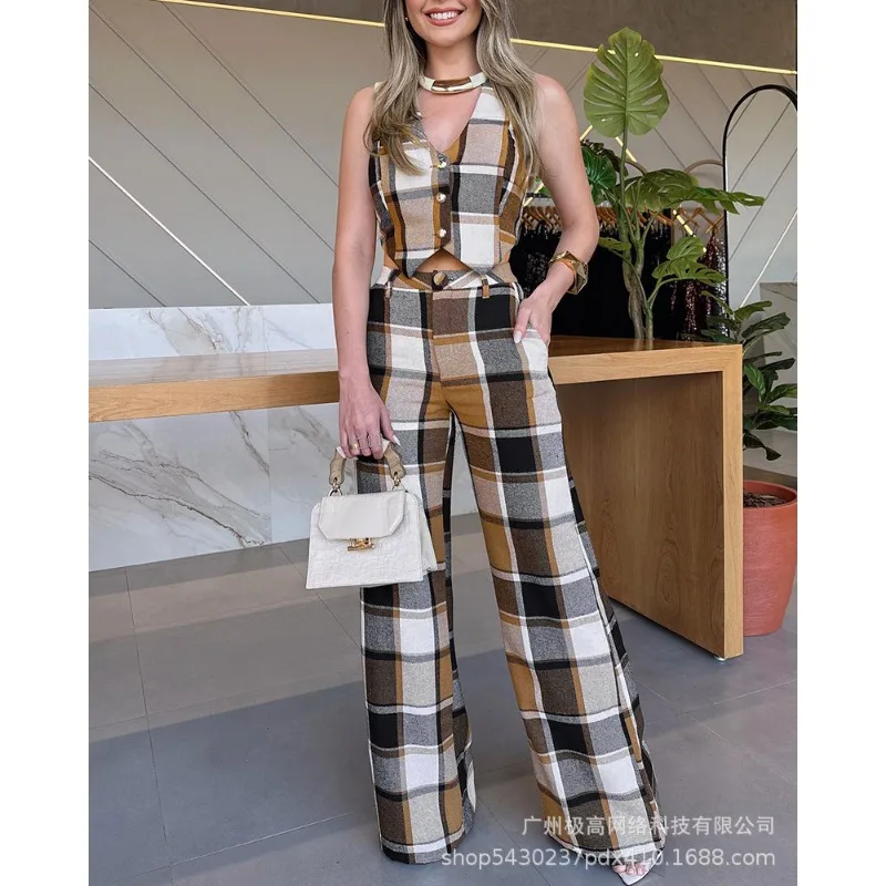 

New Arrivals Popular Spring Summer New Design Fashion Women's Clothing Khaki Plaid Sleeveless Vest Suit Straight-Leg Pants Sale