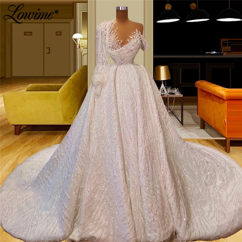 Lowime Arabic Muslim Long Sleeve Wedding Dresses Pearls Beaded Dubai Sequin A-Line Bridal Gowns 2022 Couture Bride Wedding Dress bridal gowns