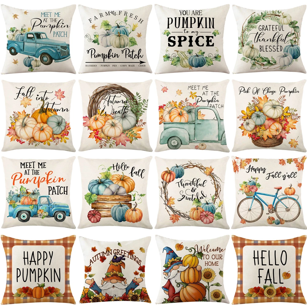 Autumn Pumpkin Cushion Cover 18x18 Inches Pillow Cover Thanksgiving Decor Pillowcase Maple Leaves Printed Cushion Case for Couch