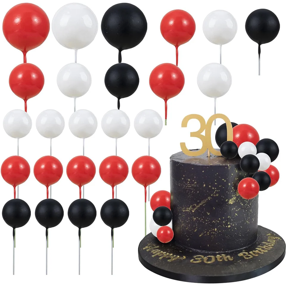 30 pezzi di palline per topper per torte, palline di schiuma, plettri per torte, decorazioni per torte per feste di matrimonio, decorazioni per torte di compleanno, rosso nero bianco