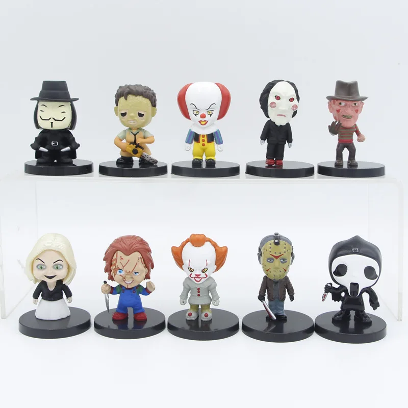 10 Pz/Set Personaggi Del Film Horror V Per Vendetta Chucky Freddy Jason Spaventoso Saw Pvc Action Figures Toys