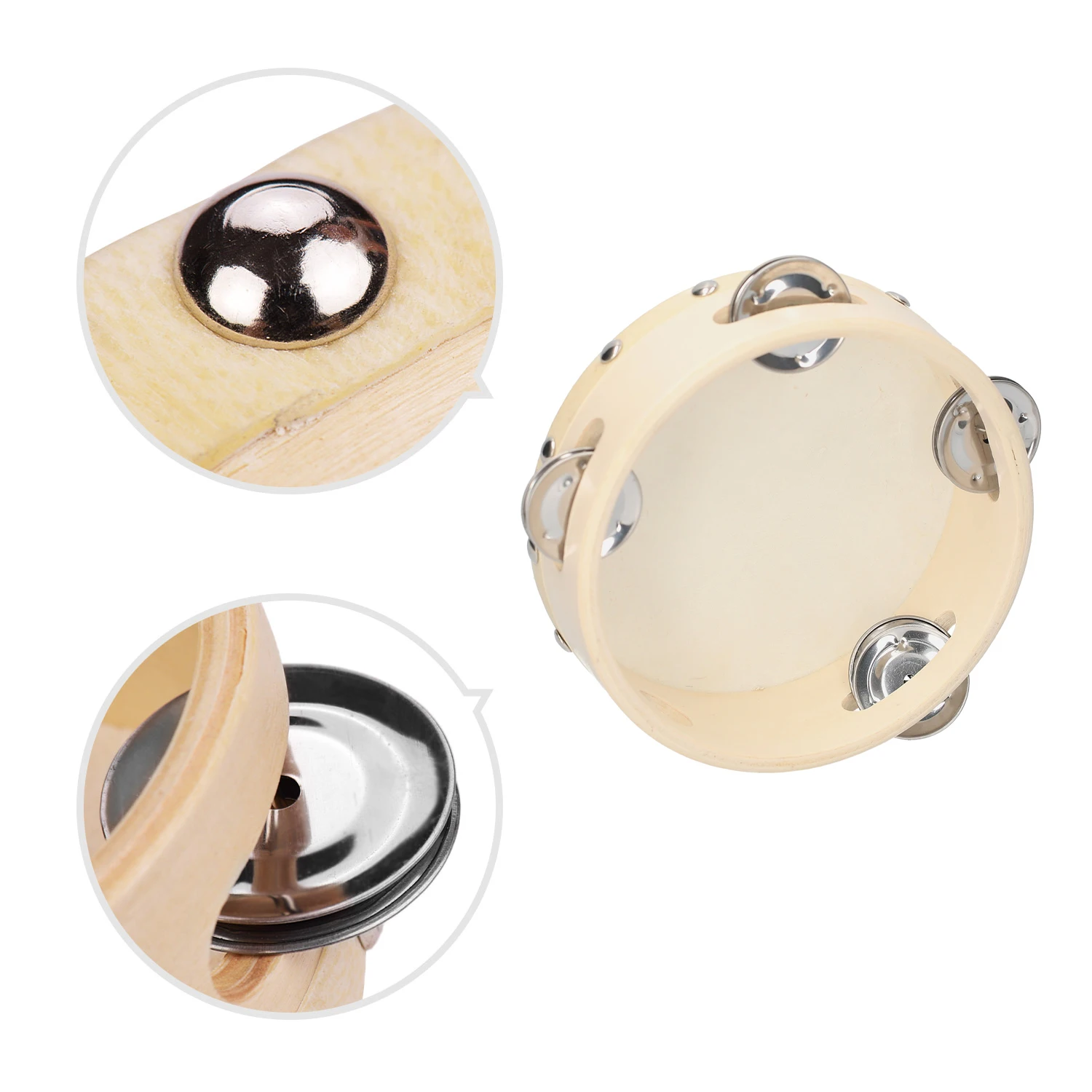 4 Inch Hand Tambourine with Metal Single Row Jingles Sheepskin Drum Skin Wooden Tambourines Entertainment Musical Timbrel Adult