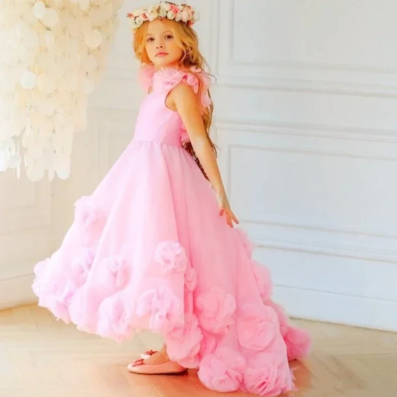 

Kids Birthday Dress Pink Flower Girl Dresses High Low V Neck Ruffled Tulle Backless For Wedding Pageant Gowns