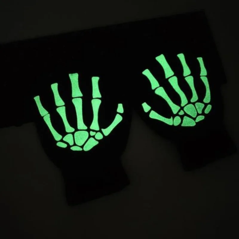 Unisex Halloween Skull Gloves Punk Luminous Glow in The Dark Skeleton Half Finger Glove Cosplay Non-slip Wrist Stretch Mittens half finger gloves,fingerless gloves