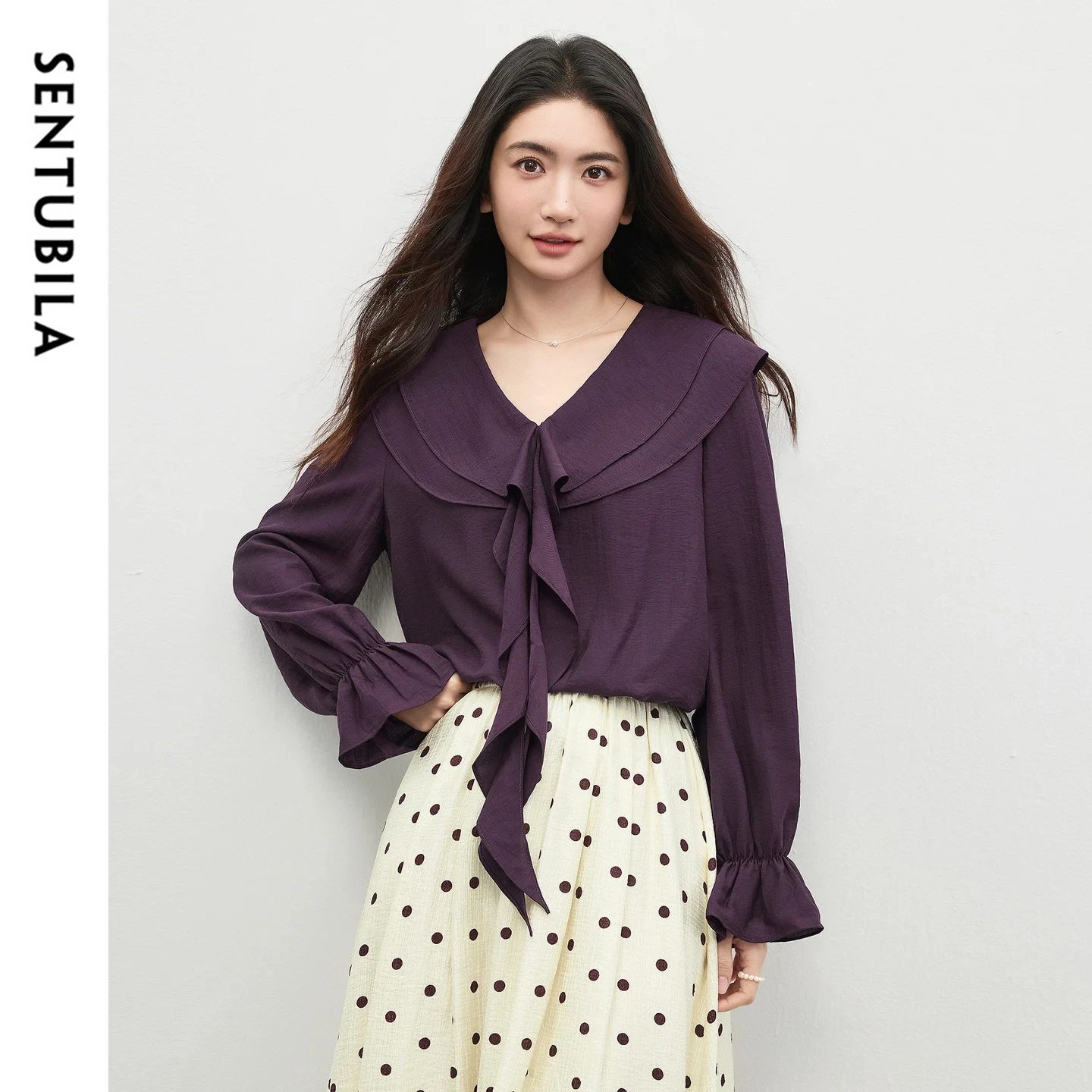 SENTUBILA Women's Ruffle Chiffon Blouse 2026 Elegant Trend Tied V Neck Spring Autumn Long Sleeve Tops Ladies Clothes 161VC4699