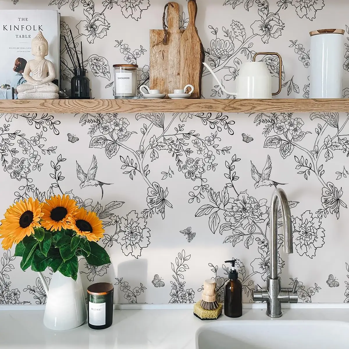 Grey Floral Birds Wallpaper Peel And Stick Leaves Contact Paper Removable Self Adhesive Wallpaper For Cabinets Walls Decorative 4
