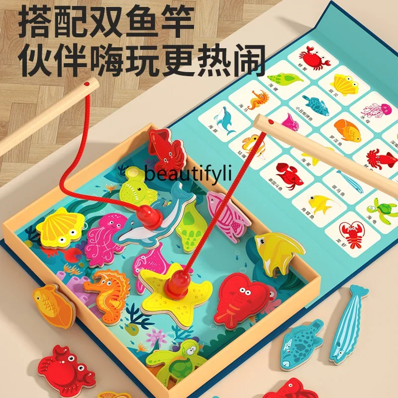 Magnetic two fishing rods for children, boys and girls 1 to 3 years old, early education 0 puzzle, wooden