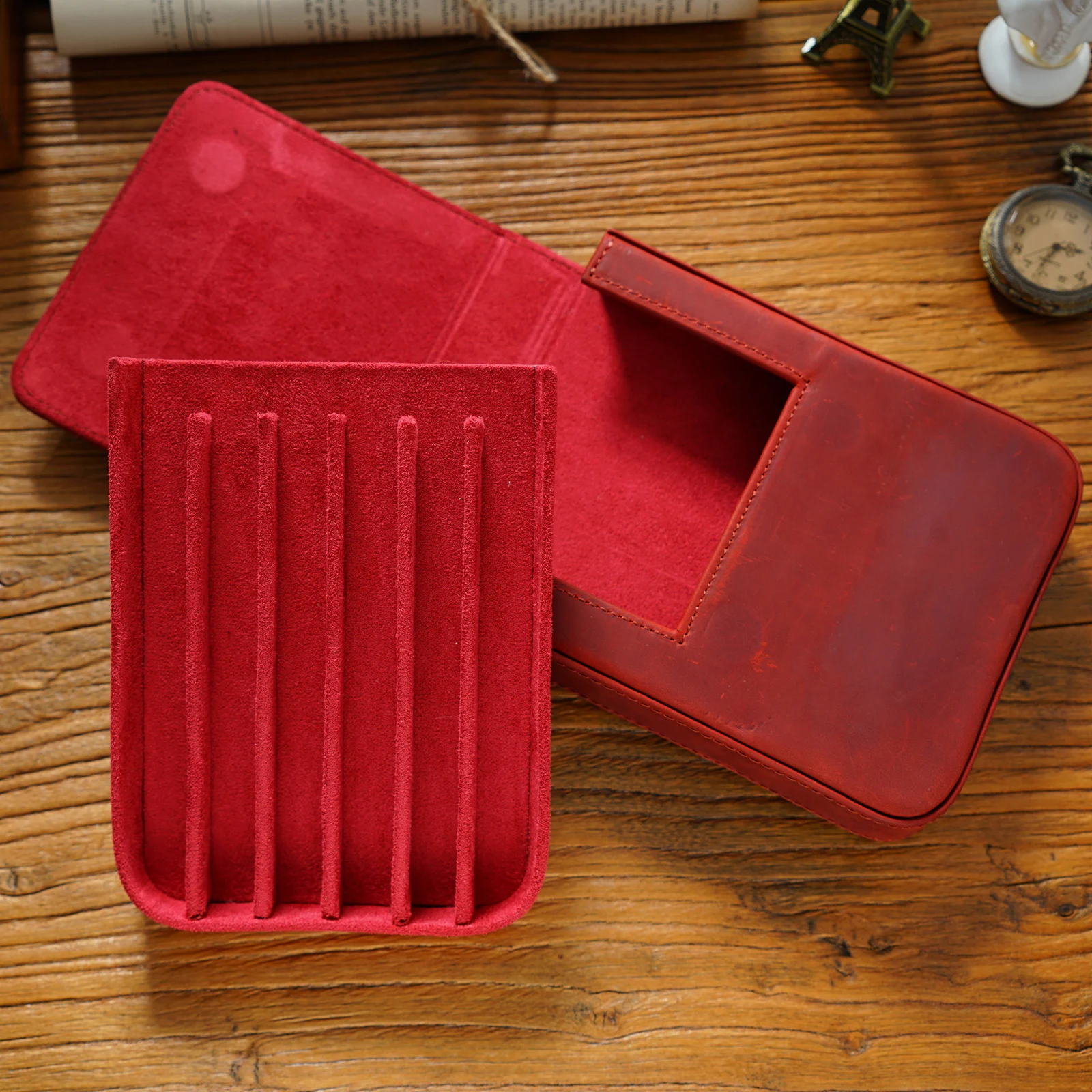 Vintage Genuine Leather Pen Pouch Case with 6 Slots Removable Pen Tray Holder Retro Pen Bags High-end School Office Supplies 5