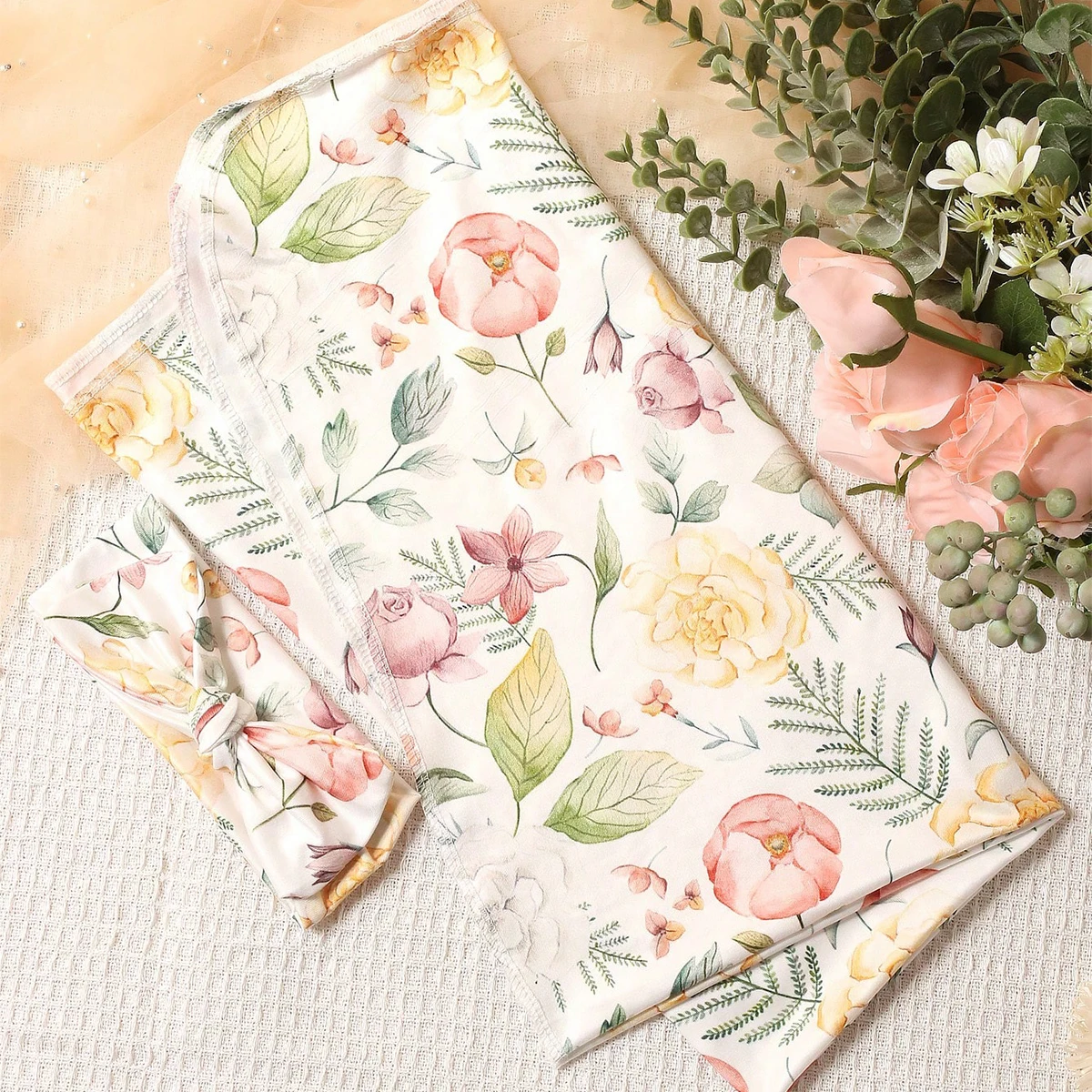 Ylsteed Newborn Photography Wrap with Matching Headband Floral Print Baby Swaddle for Photo Shooting Portrait Photography Props 2