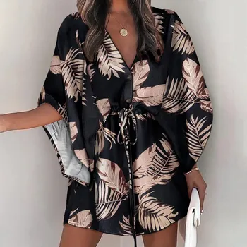 Womens Floral Neck Knot Front A Line Short Sleeve Cloak Sleeve Dress Women's Summer Beach Style Vacation Dress Above Knee